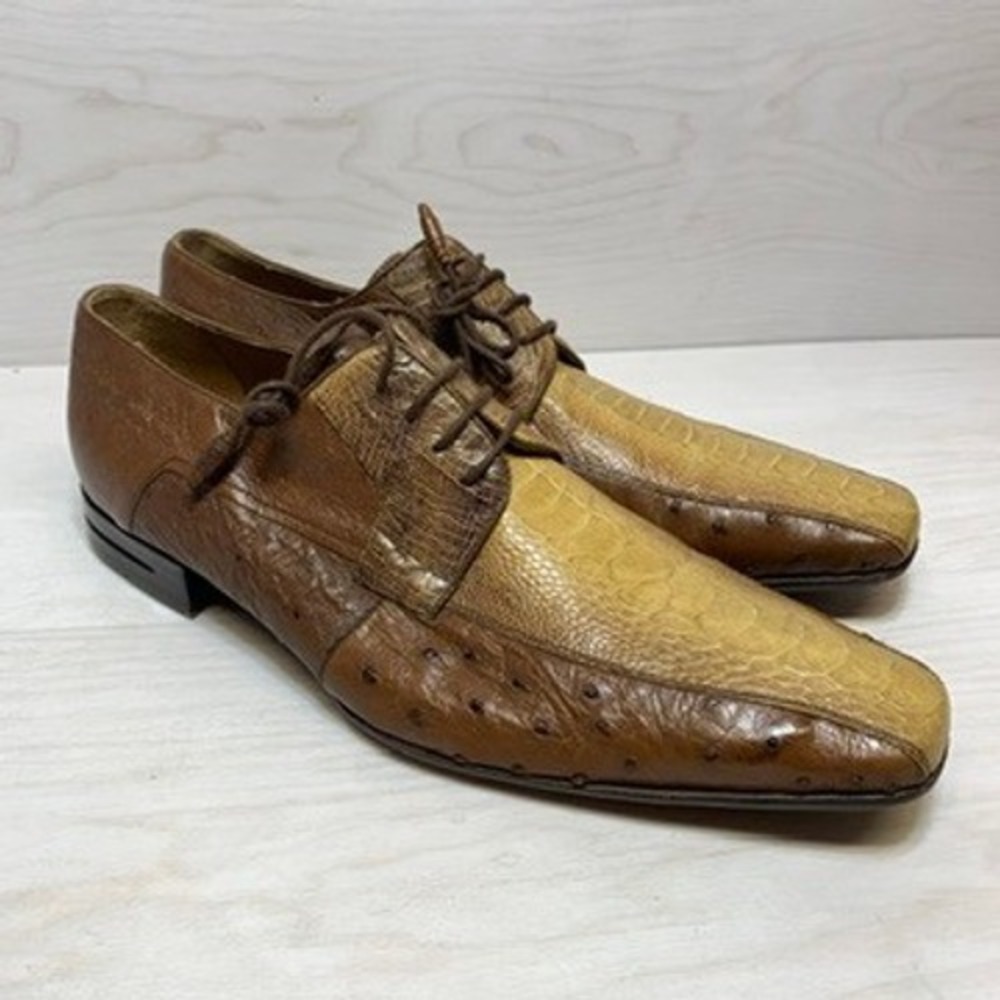 Mezlan Mens 10.5 Dress Shoes Ostrich Caiman Brown Two Tone Exotic Leather Oxford
